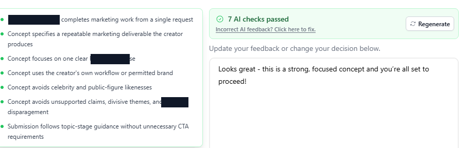 A topic submission in Faved with seven AI checks passed, listed against the brief, and the drafted reply telling the creator the concept is strong and they are clear to proceed