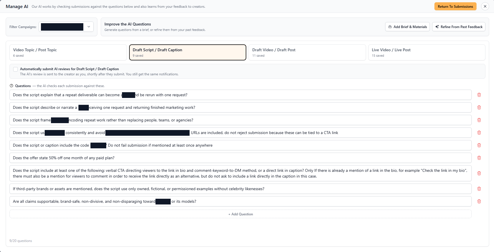 The Manage AI screen in Faved: tabs for video topic, draft script, draft video and live video, each with its own saved questions, an option to automatically submit AI reviews for that stage, and buttons to add a brief and materials or refine the questions from past feedback
