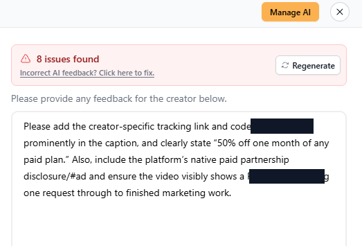 A live video review in Faved showing eight issues found and the drafted creator feedback asking for the tracking link and code in the caption, the offer wording, and the platform's paid partnership disclosure