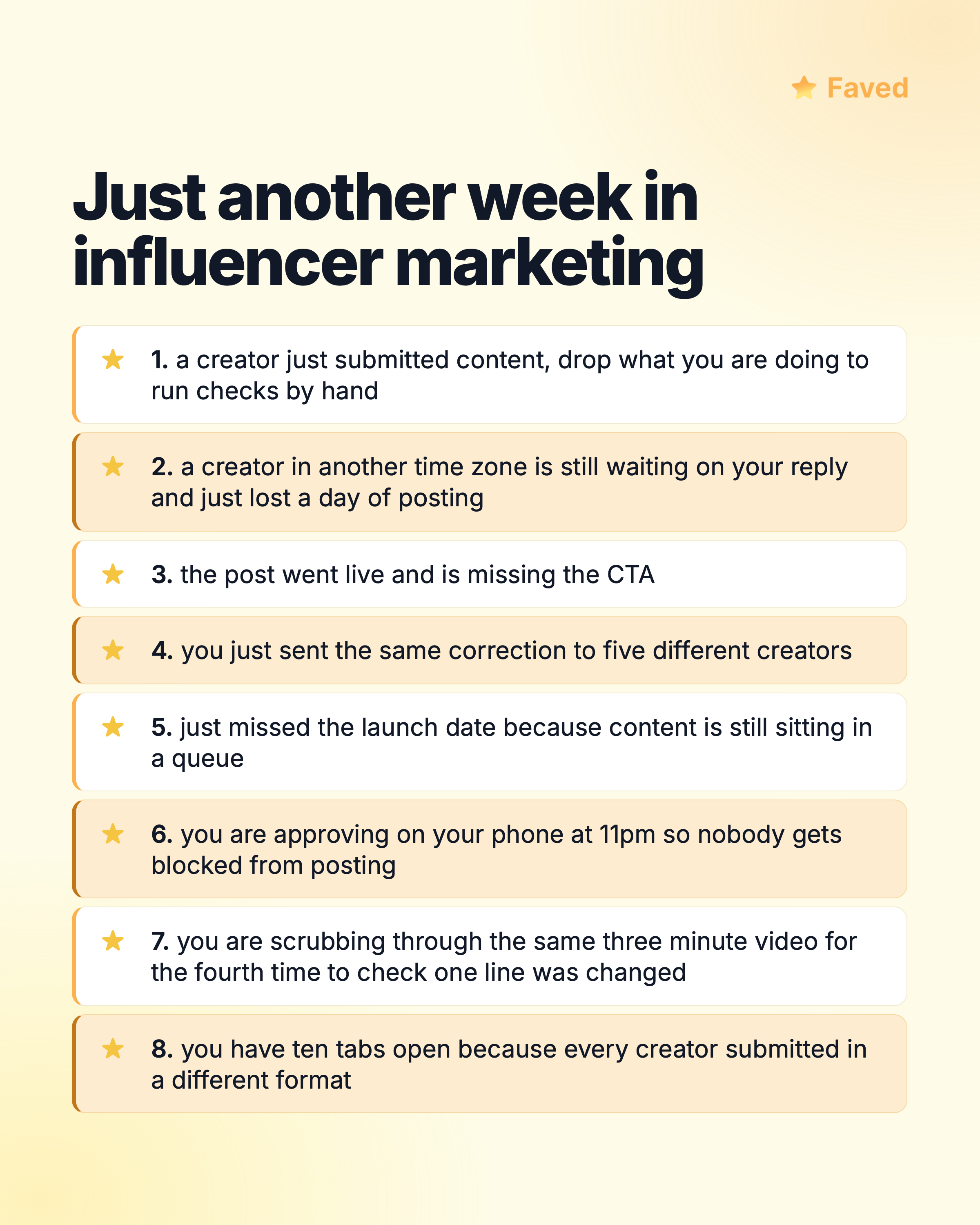 Just another week in influencer marketing: a creator just submitted content so you drop everything to run checks by hand; a creator in another time zone is still waiting on your reply and lost a day of posting; the post went live missing the CTA; you sent the same correction to five creators; you missed the launch date because content is sitting in a queue; you are approving on your phone at 11pm; you are scrubbing the same three minute video for the fourth time; you have ten tabs open because every creator submitted in a different format