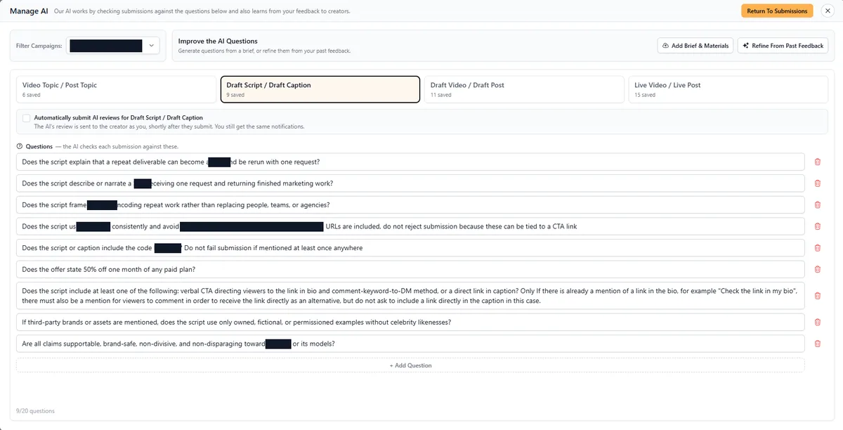 The Manage AI screen in Faved: tabs for video topic, draft script, draft video and live video, each with its own saved questions, an option to automatically submit AI reviews for that stage, and buttons to add a brief and materials or refine the questions from past feedback