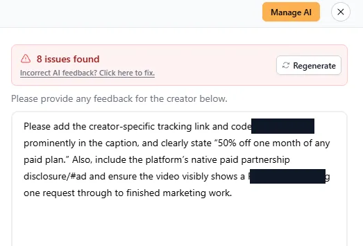 A live video review in Faved showing eight issues found and the drafted creator feedback asking for the tracking link and code in the caption, the offer wording, and the platform's paid partnership disclosure